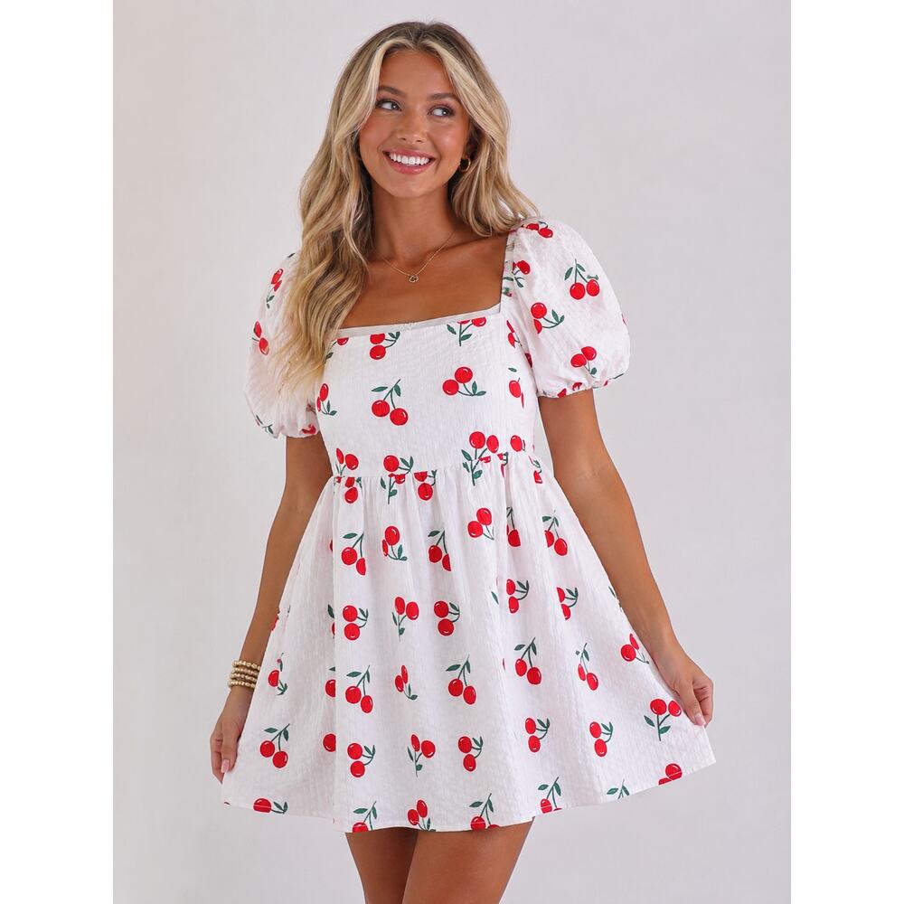 Pink Lily White Cherry Print Puff Sleeve Babydoll Mini Dress - Size XS - Picture 2 of 8